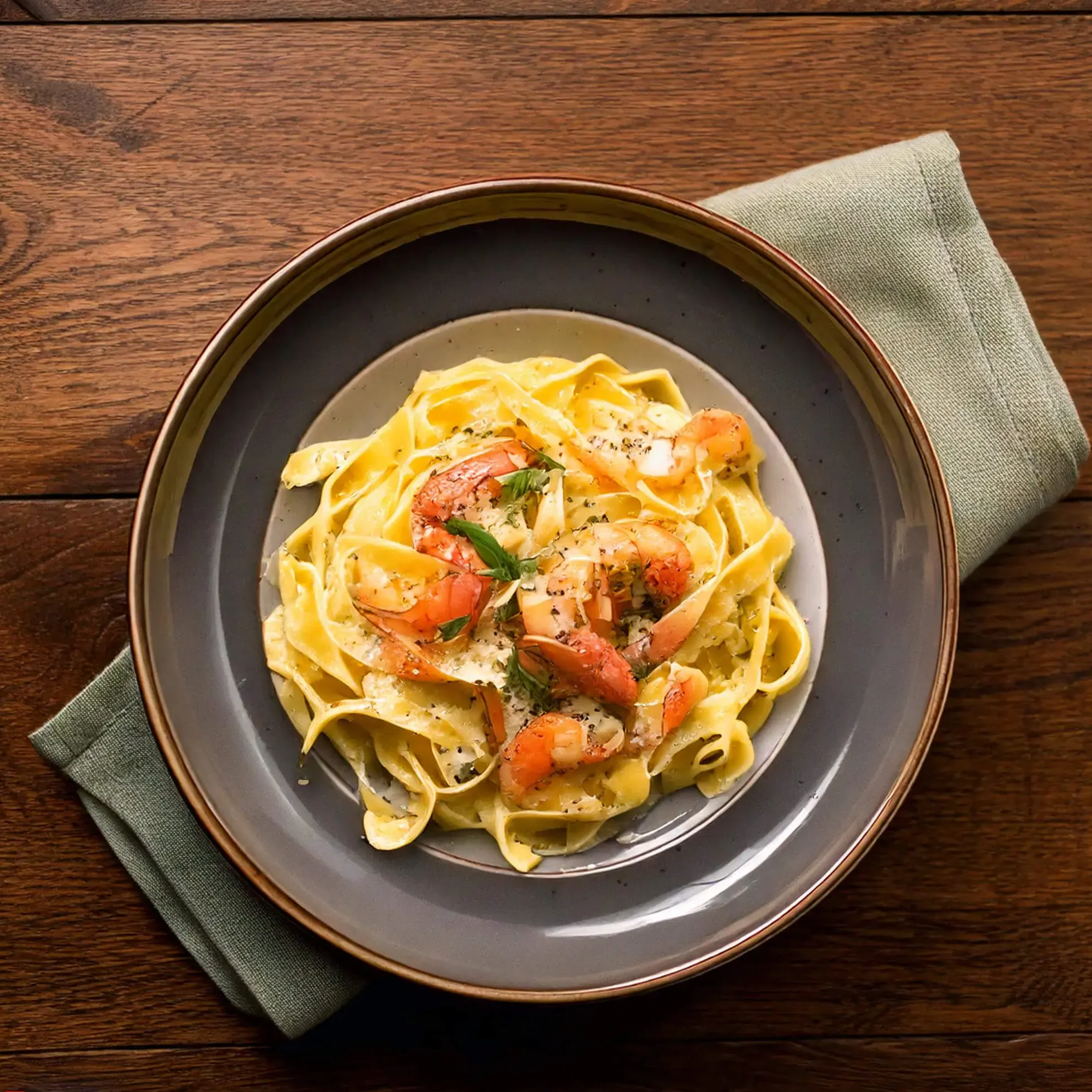 Delicious healthy Alfredo shrimp recipe paired with zucchini noodles and fresh herbs.